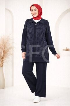 Kadın Tesettür Giyim Önü Fermuarlı Full Taşlı Tunik-Pantolon İkili Takım (4'lü)