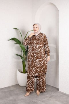 Kadın Tesettür Gömlek Yaka Karışık Çizgili Viskon Tunik-Pantolon Takım (4'lü)