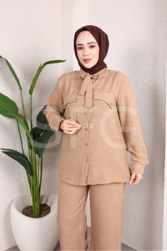 Kadın Çift Cepli Önü Bağlamalı Düğmeli Tunik Pantolon Tessetür İkili Takım (4'LÜ)