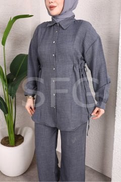 Kadın Çilek Kumaş Gömlek Yaka Önü Düğmeli Yandan Bağcıklı Gömlek Tunik-Pantolon İkili Takım (4'lü)