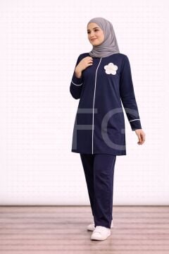 Kadın Tesettür Giyim Önünde Çiçek Detaylı Tunik & Pantolon İkili Takım (4'LÜ)