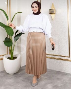 Kadın Tesettür Giyim Deri Görünümlü Beli Lastikli Piliseli Uzun Etek (2ADET)