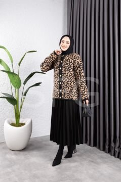 Sfg Life Moda Kadın Şardonlu Tüylü Önü Gold Düğmeli Ve Leopar Desenli Triko Hırka (2'Lİ)