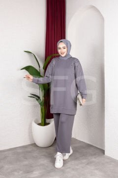 Kadın Lacivert Tesettür Giyim Zarif Taş Detaylı Tunik & Pantolon İkili Takım ( 4'LÜ )