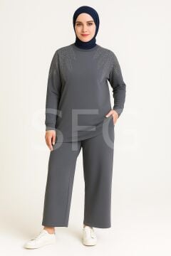 Kadın Lacivert Tesettür Giyim Zarif Taş Detaylı Tunik & Pantolon İkili Takım ( 4'LÜ )