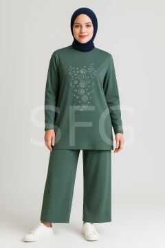 Kadın Gri Tesettür Giyim Zarif Önü Taş Detaylı Ve Bisiklet YakaTunik & Pantolon İkili Takım ( 4'LÜ )