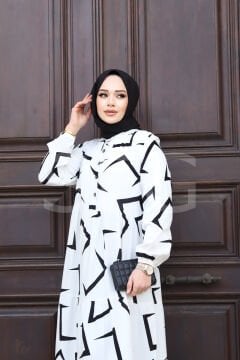 KADIN YAZLIK TESETTÜR ÖNÜ DÜĞMELİ OK DESENLİ DOKUMA VİSKON ŞIK ELBİSE (4'LÜ)