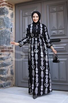 Kadın Tesettür Giyim Bisiklet Yaka Önü Düğmeli ve Kuşaklı Etek Büzgülü Viskon Elbise (4'LÜ)