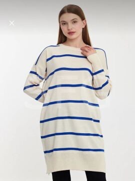 Kadın Tesettür Giyim Bisiklet Yaka Eteği Yırtmaçlı Tek Plaka Merserize Önü Çizgili Salaş Triko Tunik (2'Lİ)