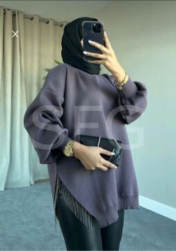 Kadın Testtür Giyim Bisiklet Yaka Yırtmaç Taşlı Balon Kollu Oversize Triko Tunik (3'LÜ)