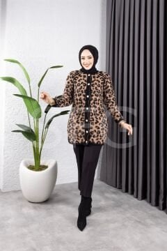 Kadın 38-42 Beden Uyumlu Şardonlu Tüylü Önü Gold Düğmeli Ve Leopar Desenli Triko 80 Cm Uzun Hırka ( 2'Lİ )