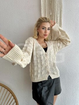 Kadın Taş Rengi Önü Düğmeli Modern Ve Sıcak Dokunuş Trend Genç Triko Örgü İle Şık Ceket -Hırka (2'Lİ)