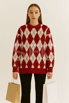 Kadın Şardonlu Bisiklet Yaka Ve Baklava desenli Triko Uzun Kazak (2'li)