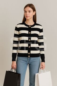 Kadın Triko Çizgili Önü Düğmeli Gold Detaylı Hırka (2'li)