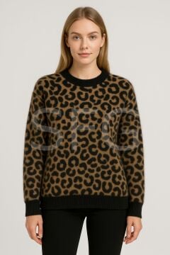 Kadın Leopar Desenli Ve Şardonlu Oversize Kazak (2'li)