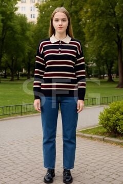 Çizgili Düğmeli Polo Yaka Kadın Triko Kazak (2'Lİ)