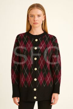 Kadın Baklava Desenli Önü Gold Düğmeli Ceket Hırka (2'Lİ)