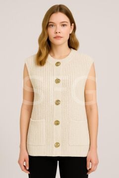 Kadın Önü Gold Düğmeli Örgülü Oversize Kolsuz Triko Yelek (2'li)