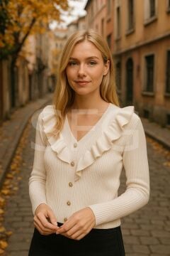 Kadın Düğme Detay Tasarımlı V Yaka Kazak-Hırka (2'li)