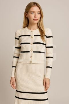 Kadın Şardonlu İnci Düğme Detaylı Çizgili Etekli Alt Üst Takım (2'Lİ)