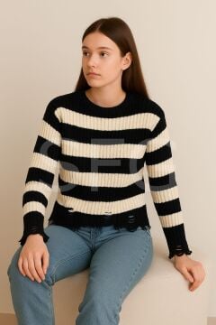 Kadın Çizgili Kol Delikli kazak (2'li)