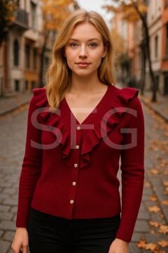 Kadın Düğme Detay Tasarımlı V Yaka Kazak-Hırka (2'li)