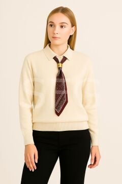 Kadın Gömlek Yaka  ve Fular Detaylı Triko Polo Kazak (2'li)