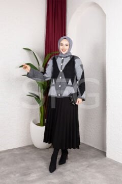 Kadın Şardonlu Cepli Ve Baklava Desenli Triko Hırka (2'li)