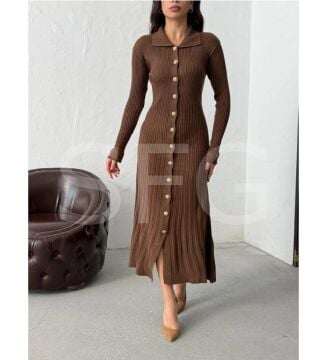 Kadın Gömlek Yaka Şık Gold Düğmeli Ve Fitilli Uzun Triko Gömlek Korseli Elbise