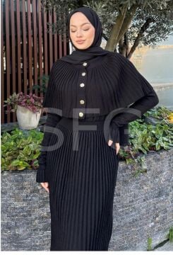 Kadın Pelerinli İki Parça Fitilli Triko Elbise