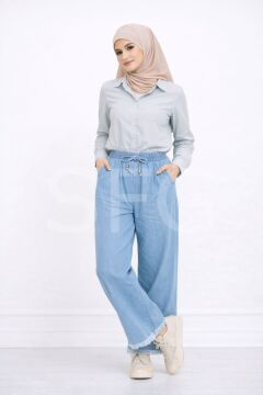 Kadın Paçaları Püsküllü Ve Önü Bağcıklı Kot Kumaş Salaş Pantolon (4'lü)