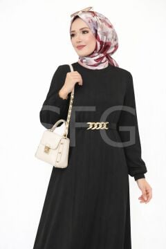 Kadın Gold Zincir Kemer Detaylı Bisiklet Yaka Burgu Elbise (5'li)